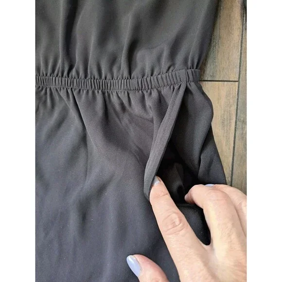 Express Dress Small Black Sheer Top Lined Pockets Elastic Waist Lace Up V-Neck - Picture 7 of 10